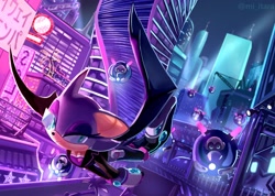 Size: 2574x1830 | Tagged: dead source, safe, artist:miitara, rouge the bat, cityscape, featured image, flying, nighttime