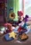 Size: 1448x2048 | Tagged: safe, artist:starcatbloomth, amy rose, blaze the cat, cream the rabbit, tikal, chao, book, daytime, deadpool, gramophone, pikachu, pillow, pizza, record, spiderman