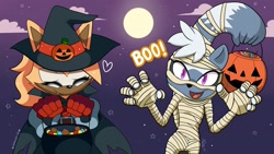 Size: 1920x1080 | Tagged: safe, artist:domestic maid, tangle the lemur, whisper the wolf, featured image, halloween, jack o'lantern, moon, mummy outfit, nighttime, one fang, witch outfit