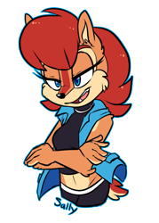 Size: 1000x1400 | Tagged: safe, artist:galaxynite, sally acorn, arms folded, first sonic picture on mobius.social, lidded eyes, mouth open, outline, sally's ringblader outfit, simple background, smile, solo, standing, transparent background