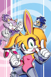 Size: 692x1050 | Tagged: safe, artist:jamal peppers, artist:jim amash, artist:matt herms, blaze the cat, bunnie rabbot, sonic the hedgehog, sonic universe 96, blaze's tailcoat, cover art, fist, looking at viewer, open mouth, smile, sonic rush, surprised, trio, uekawa style