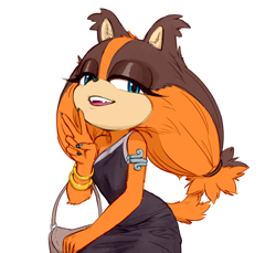 Size: 1808x1656 | Tagged: safe, artist:napalm express, artist:rubrad, sticks the badger, dress, lidded eyes, little black dress, looking at viewer, purse, solo, v sign