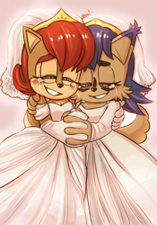 Size: 1280x1829 | Tagged: safe, artist:alittlebitfast, nicole the hololynx, sally acorn, holding hands, lesbian, nicole x sally, shipping, wedding dress