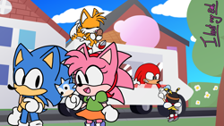 Size: 3715x2094 | Tagged: safe, artist:ilostmysol, amy rose, charmy bee, knuckles the echidna, miles "tails" prower, sonic the hedgehog, sonic the ice cream, ice cream, ice cream truck