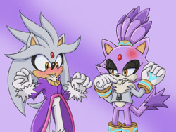 Size: 1717x1288 | Tagged: safe, artist:itoruna, blaze the cat, silver the hedgehog, blaze's tailcoat, crossdressing, outfit swap, shipping, silvaze