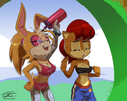 Size: 1200x960 | Tagged: suggestive, artist:epictones, bunnie rabbot, sally acorn, loop, sweat, water bottle