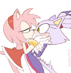 Size: 789x813 | Tagged: dead source, safe, artist:sooperman14, amy rose, blaze the cat, amy x blaze, amy's halterneck dress, blaze's tailcoat, duo, frizzed, kiss, lesbian, shipping, surprised