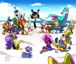 Size: 1400x1183 | Tagged: safe, artist:finimun, amy rose, blaze the cat, bunnie rabbot, dulcy the dragon, ebony the cat, marine the raccoon, mina mongoose, miss possum, nicole the hololynx, princess sara, pyjamas the sheepdog, sally acorn, sonia the hedgehog, sticks the badger, tangle the lemur, tekno the canary, beach, cellphone, everyone is here, featured image, implied agent topaz, swimsuit, tug of war