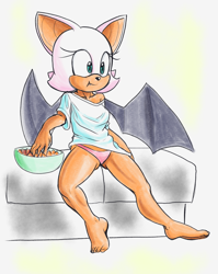 Size: 1192x1500 | Tagged: suggestive, artist:fours, rouge the bat, eating, off shoulder, one fang