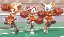 Size: 5000x2943 | Tagged: safe, artist:nancher, amy rose, cream the rabbit, rouge the bat, cheerleader outfit, panties, pompom, upskirt, watermark