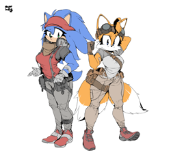 Size: 2617x2409 | Tagged: safe, artist:awr hey, miles "tails" prower, sonic the hedgehog, gender swap, goggles, pouches, scarf