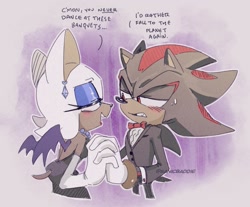 Size: 1019x845 | Tagged: safe, artist:superteapott, rouge the bat, shadow the hedgehog, dialogue, duo, earring, little black dress, necklace, shadouge, shipping, shipping denied, straight, tuxedo