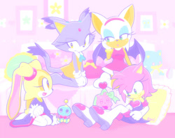 Size: 720x570 | Tagged: safe, artist:kekani, amy rose, blaze the cat, cheese (chao), cream the rabbit, rouge the bat, sonic the hedgehog, chao, amy's halterneck dress, blaze's tailcoat, outfit swap, rouge's heart top