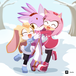 Size: 1200x1200 | Tagged: safe, artist:howxu, amy rose, blaze the cat, cream the rabbit, amybetes, blaze's tailcoat, blazeabetes, blushing, creamabetes, cute, daytime, snow