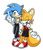 Size: 1280x1487 | Tagged: safe, artist:heytherebabu, miles "tails" prower, sonic the hedgehog, hedgehog, arm on shoulder, belt, black pants, black shorts, blue fur, blue jacket, cute, duo, eyelashes, eyes closed, gender swap, gloves, green eyes, happy, jacket, kitsune, lesbian, looking at viewer, outline, pants, pointing, red shirt, shipping, shirt, side hug, simple background, small ears, smile, sneakers, sonic x tails, transparent background, white fur, white gloves, white socks, white tipped shoes, white tipped tail, wink, yellow fur