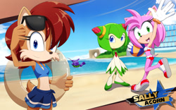 Size: 1024x640 | Tagged: safe, artist:kojiro-brushard, amy rose, big the cat, cosmo the seedrian, sally acorn, beach, daytime, emerald coast, fishing, fishing pole, glasses, loop, rally 4 sally, swimsuit, waving