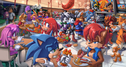 Size: 1400x750 | Tagged: safe, artist:glitcher, alexis acorn, amy rose, antoine d'coolette, bunnie rabbot, elias acorn, fiona fox, geoffrey st. john, hershey the cat, julie-su, knuckles the echidna, megan acorn, miles "tails" prower, nicole the hololynx, rosie woodchuck, rotor walrus, sally acorn, shard the metal, sonic the hedgehog, t-pup, uncle chuck, sonic the hedgehog 138 (archie), buntoine, cellphone, chili dog, everyone is here, hamburger, nighttime, piko piko hammer, pizza, restaurant, sally's vest and boots, shipping, shipping denied, singing, sonally, spaghetti