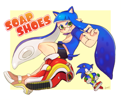 Size: 927x764 | Tagged: safe, artist:poroisasaki, sonic the hedgehog, inkling, soap shoes, species swap, splatoon, treads