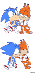 Size: 500x1038 | Tagged: safe, artist:sakabutsu, sonic the hedgehog, bobcat, bubsonic, bubsy bobcat, classic sonic, crack shipping, crossover, crossover shipping, cute, exclamation mark, eyes closed, fangs, gay, hand on shoulder, licking, lidded eyes, looking at each other, mouth open, shipping, shirt, simple background, sitting, sonabetes, tongue out, white background