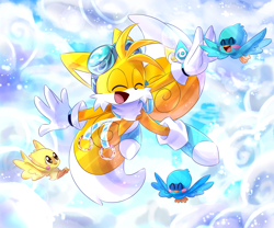 Size: 1800x1500 | Tagged: safe, artist:y-firestar, flicky, miles "tails" prower, backpack, blue shoes, clouds, eyes closed, flying, goggles, happy, mouth open, redesign, rings, spirit of the sky