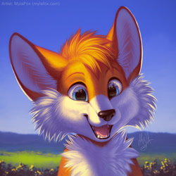 Size: 1280x1280 | Tagged: safe, artist:mylafox, miles "tails" prower, fox, blue eyes, cute, dawww, fangs, fluffy, happy, large ears, looking offscreen, no outlines, open mouth, signature, solo, tailabetes, watermark, white fur, yellow fur