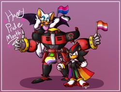 Size: 2048x1556 | Tagged: dead source, safe, artist:fweyamoved, e-123 omega, rouge the bat, shadow the hedgehog, asexual pride, bisexual pride, cape, flag, gay pride, gradient background, lesbian pride, nonbinary pride, pride, robot, team dark, thumbs up