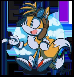 Size: 1200x1236 | Tagged: safe, artist:geekofkawaii, miles "tails" prower, abstract background, goggles, one fang, pilot hat, pointing, solo