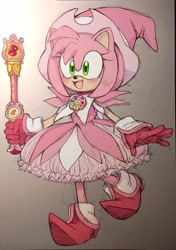 Size: 1840x2621 | Tagged: safe, artist:halgalaz, amy rose, magical girl outfit, solo, wand