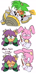 Size: 2048x4096 | Tagged: safe, artist:spinstellar, mach the rabbit, manik the hedgehog, mina mongoose, dialogue, drums