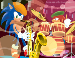 Size: 700x537 | Tagged: safe, artist:may shing, knuckles the echidna, sonic the hedgehog, drums, jazz, saxophone