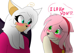 Size: 1280x928 | Tagged: safe, artist:lara-kein, amy rose, rouge the bat, ..., blushing, confession, dialogue, rougamy, shipping