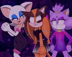 Size: 1280x1025 | Tagged: safe, artist:broadwaybash123, blaze the cat, rouge the bat, sticks the badger, little black dress, rouge's heart top