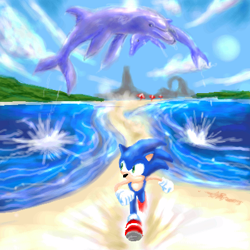 Size: 400x400 | Tagged: safe, artist:may shing, sonic the hedgehog, dolphin, beach, daytime, emerald coast, literal animal, loop, oekaki