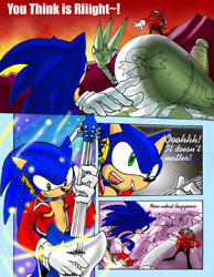 Size: 550x709 | Tagged: safe, artist:may shing, robotnik, sonic the hedgehog, comic, egg robot, guitar, pointing, song lyrics