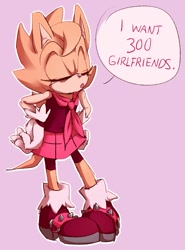 Size: 734x992 | Tagged: safe, artist:wereshoes, oc, oc:spice the hedgehog, hedgehog, dialogue, english text, eyes closed, implied lesbian, pink background, simple background, solo, speech bubble, standing