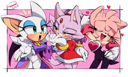 Size: 1200x728 | Tagged: dead source, safe, artist:aimblu19, amy rose, blaze the cat, rouge the bat, amy's halterneck dress, blaze's tailcoat, hand on hip, outfit swap, rouge's heart top