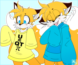 Size: 900x750 | Tagged: safe, artist:pasteltwilight, miles "tails" prower, hoodie, laughing, oversized, tailabetes