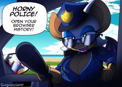 Size: 2100x1500 | Tagged: suggestive, artist:omegasunburst, rouge the bat, busty rouge, daytime, dialogue, glasses, huge breasts, ocean, police outfit, this will end in jail time