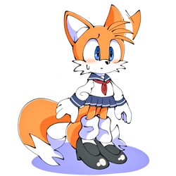 Size: 768x768 | Tagged: safe, artist:waterdesukedo, miles "tails" prower, crossdressing, nervous, schoolgirl outfit