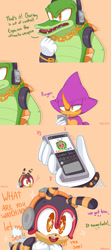 Size: 1600x3600 | Tagged: safe, artist:faburinrin, charmy bee, espio the chameleon, vector the crocodile, cellphone, dialogue