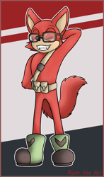 Size: 1000x1700 | Tagged: safe, artist:ryan-the-fox, gadget the wolf, eyes closed, hand behind head, male, solo, standing