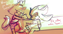 Size: 4000x2182 | Tagged: safe, artist:deimonday, rouge the bat, shadow the hedgehog, au:high school, book, dialogue, reading, shipping denied