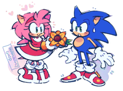 Size: 533x397 | Tagged: safe, artist:seaminglygood, amy rose, sonic the hedgehog, amy x sonic, amy's halterneck dress, back quills, redraw, shipping, straight, sunflower