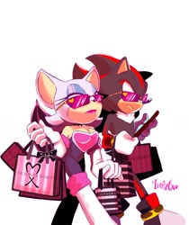 Size: 1080x1283 | Tagged: safe, rouge the bat, shadow the hedgehog, cellphone, rouge's heart top, shopping bag, sunglasses