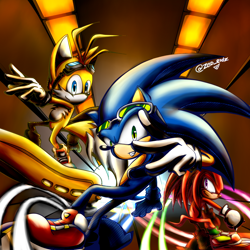 Size: 1200x1200 | Tagged: safe, artist:zeid-endez, knuckles the echidna, miles "tails" prower, sonic the hedgehog, extreme gear