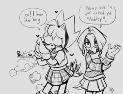 Size: 1115x853 | Tagged: safe, artist:yotomoe, amy rose, sonic the hedgehog, tekno the canary, amy's schoolgirl outfit, hair over one eye, tail wagging