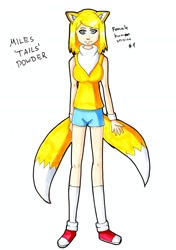 Size: 2278x3232 | Tagged: safe, artist:crazy226, miles "tails" prower, human, bandana, fox ears, fox tail, gender swap, humanized, simple background, solo, white background