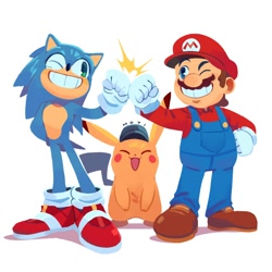 Size: 2000x2000 | Tagged: safe, artist:supsross, sonic the hedgehog, sonic the hedgehog (2020), crossover, detective pikachu, mario, pikachu, super mario bros. movie (2023), trio