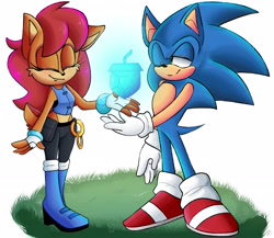 Size: 2300x2000 | Tagged: safe, artist:yoshiyoshi700, sally acorn, sonic the hedgehog, acorn, duo