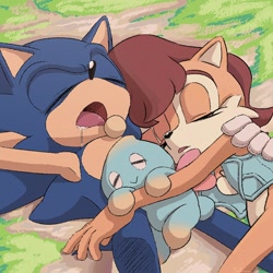 Size: 1300x1300 | Tagged: safe, artist:jadepesky, sally acorn, sonic the hedgehog, chao, shipping, sonally, trio